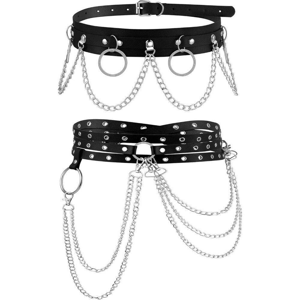 Black Leather Waist Body Chain Set 2 Pcs Punk Adjustable for Nightclub Party